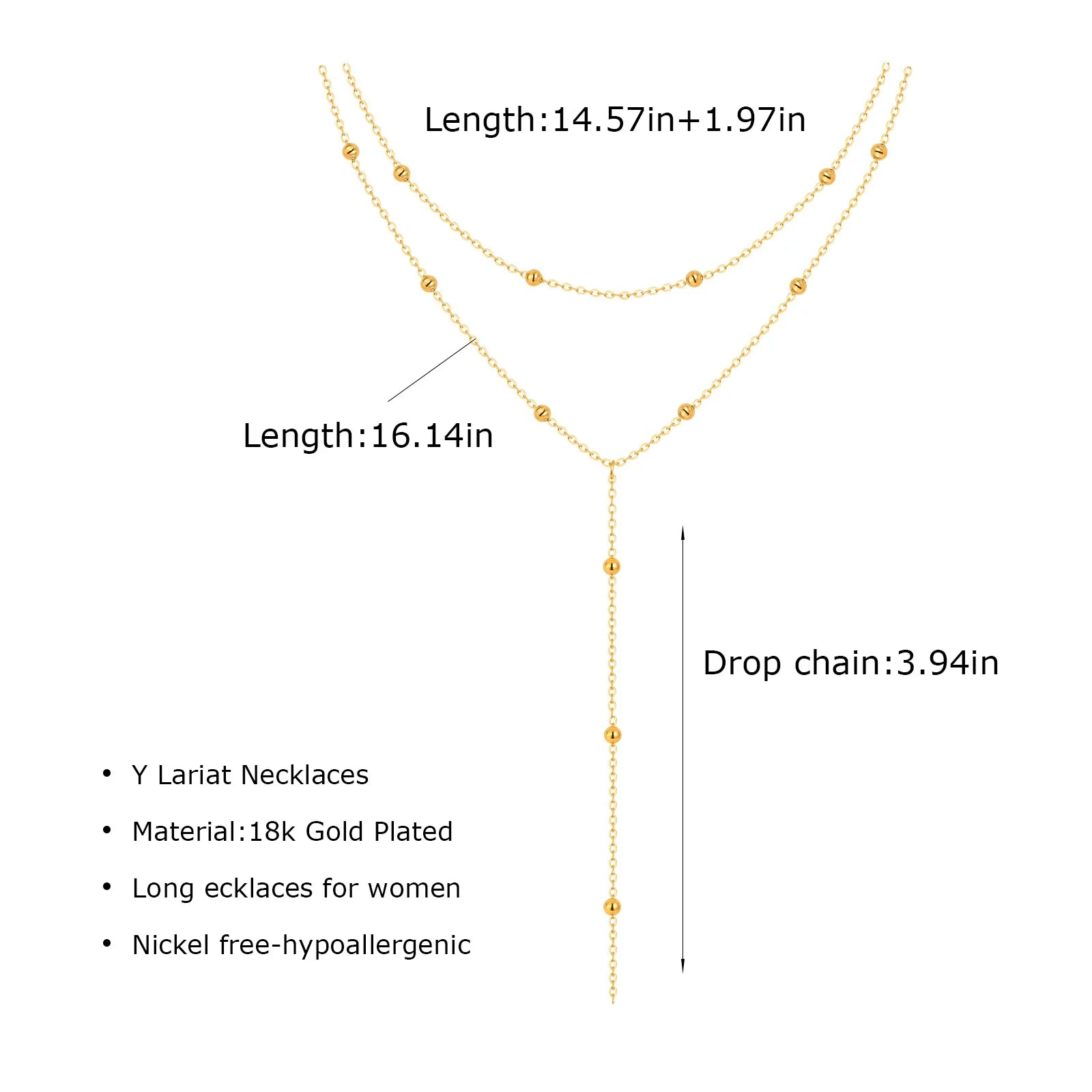 Stainless Steel Lariat Necklace Gold Plated, Dainty Long Necklace Laryered Necklaces For Women Girls, Y Shape Drop Pendant
